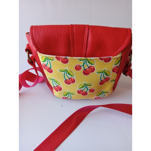 Handmade Cross Body Bag Red Faux Leather w/ Yellow & Cherry Retro Cotton - Picture 12 of 15